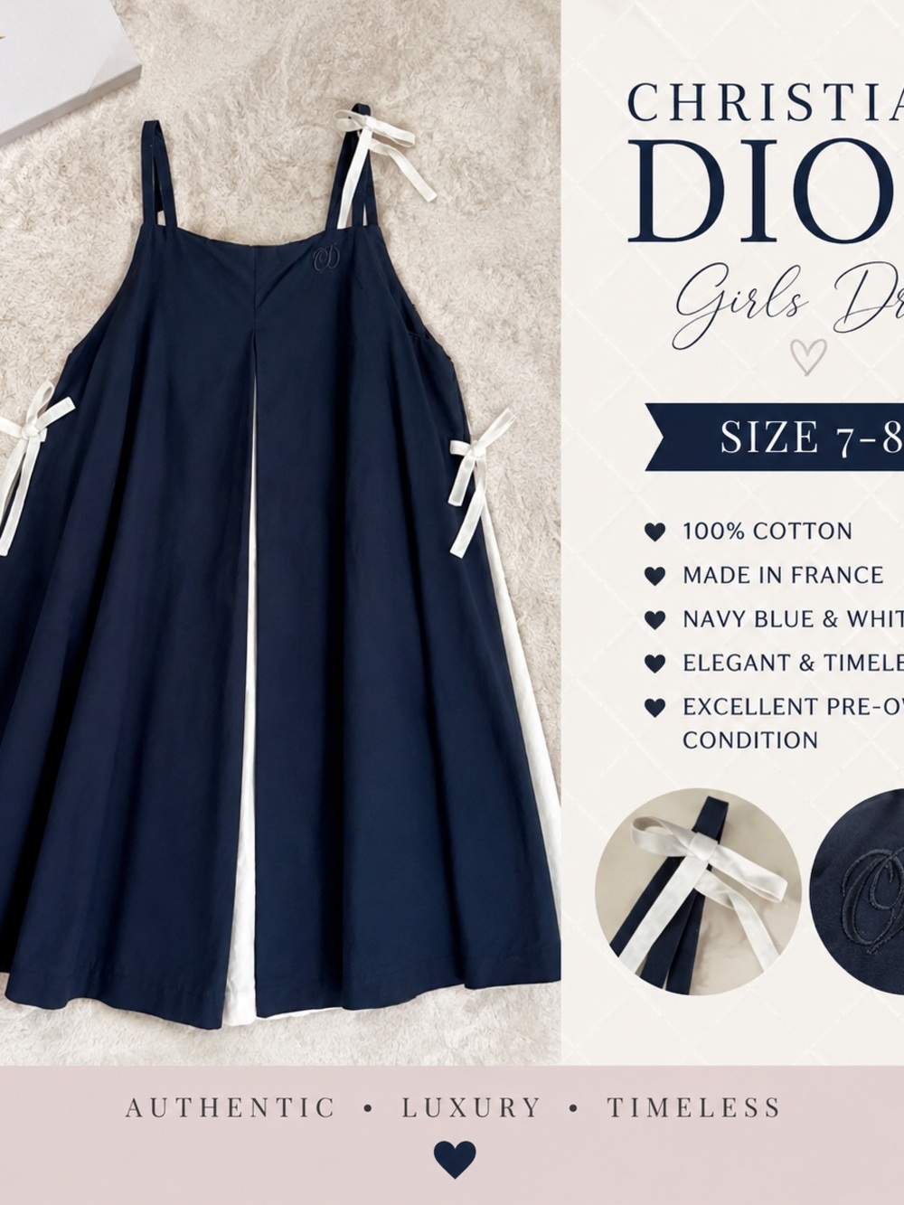 Dior Navy Blue and White A-Line Girls' Dress with Ribbon Ties